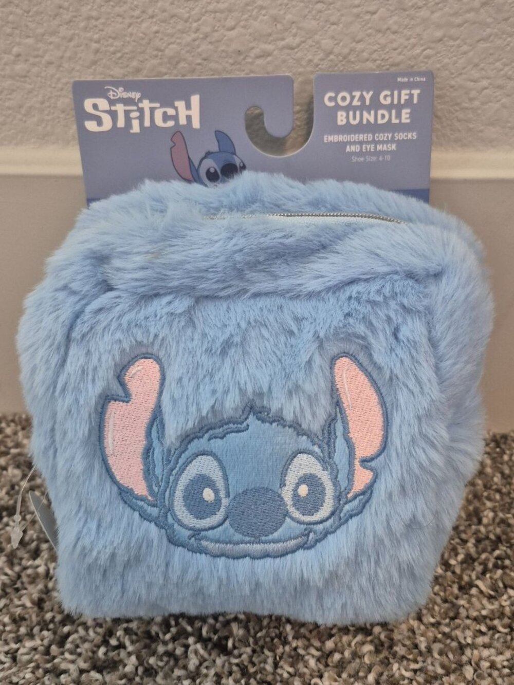 Disney Stitch Cozy Gift Bundle Embroidered Socks & Eye Mask Blue Faux Fur Pouch